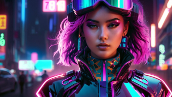 Cyberpunk Digital Art: Futuristic Female Cyborg with Neon Urban Backdrop