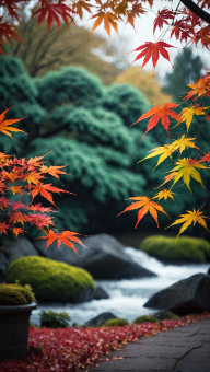 Tranquil Autumn Reflections: A Serene Scene of Maple Leaves and Mossy Waters