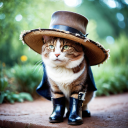 Dapper Feline: Cat Dressed as a Charming Pirate Captain in a Garden Setting
