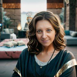 Actress in Historical Fantasy Costume on Film Set with Ancient Decor