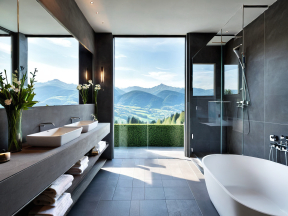 Modern Mountain-View Bathroom with Sleek Dark Tones and Natural Light