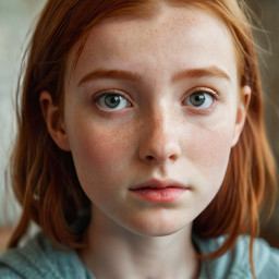 Close-Up Portrait of a Young Red-Haired Individual with Freckles in Warm Indoor Lighting