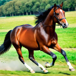 Graceful Brown Horse in Full Gallop Across Open Grassy Field