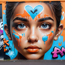 Vibrant Urban Mural: Captivating Portrait of a Woman in Orange and Blue Hues