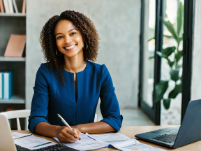 Professional Woman Smiling at Desk with Documents in Office Workspace