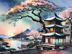 Serene Springtime in a Traditional Japanese Village: Blossoms, Lanterns, and Mountain Reflections