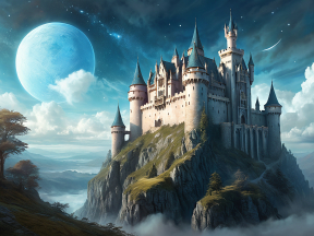 Majestic Medieval Castle on Misty Cliffside Under a Rising Moon: A Fantasy Landscape Illustration