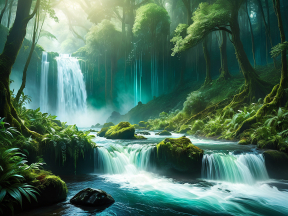 Lush Rainforest with Cascading Waterfalls and Diverse Flora Under Sunlit Canopy