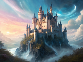 Majestic Fantasy Castle Perched Amidst Clouds at Sunset
