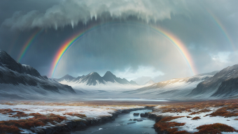Vivid Alpine Landscape with Rainbow and Snow-Capped Mountains
