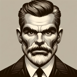 Stylized Vintage-Inspired Digital Portrait of a Thoughtful Bearded Man in Suit and Tie