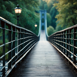 Serene Wooden Footbridge Over Tranquil Waters Amidst Lush Greenery at Dawn
