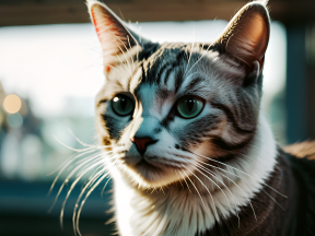 Striking Green-Eyed Tabby Cat with Distinctive "M" Marking Poses Indoors in Natural Light