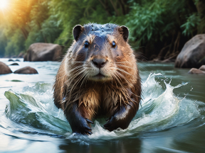 Beaver Swimming in Sunlit River Amidst Natural Rocky Habitat