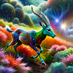 Mystical Deer with Vibrant Patterns in an Enchanted, Otherworldly Landscape