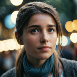 Contemplative Woman in Urban Nightscape: A Portrait Amid City Lights