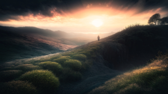 Tranquil Sunrise Over Rolling Hills: A Traveler's Serene Journey