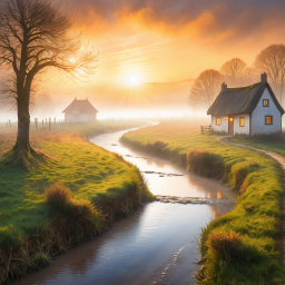 Misty Sunrise Over a Serene Rural Village