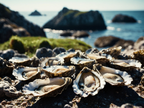 Open Seashells on a Rocky Shore with Calm Ocean and Distant Islands