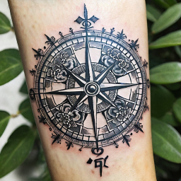 Compass Rose Tattoo with Floral Designs and Chinese Characters Symbolizing Life's Journey and Guidance