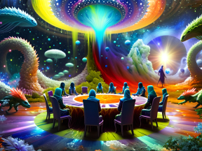 Surreal Fantasy Gathering: A Vibrant Digital Dreamscape of Mystical Creatures and Cosmic Wonders