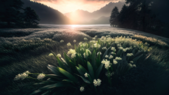 Tranquil Dawn Over Wildflower Meadow and Reflective Waters