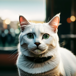 Expressive White and Grey Cat Poses Against Urban Nighttime Backdrop