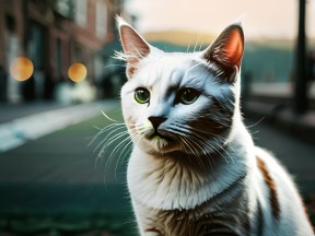 Green-Eyed Cat with Orange Markings Gazes Intently in Evening Street Scene