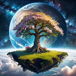 Floating Blossom: A Surreal Earth Tree Amidst the Cosmos