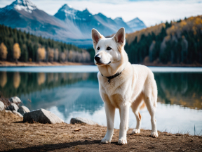 Majestic Mountain View: Alaskan Malamute by the Lakeside in Autumn Splendor