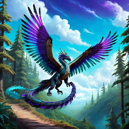 Iridescent Feathered Dragon Soaring Over Enchanted Forest