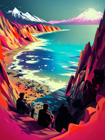 Sunset Serenity: A Vibrant Coastal Landscape of Islands and Red Rocks