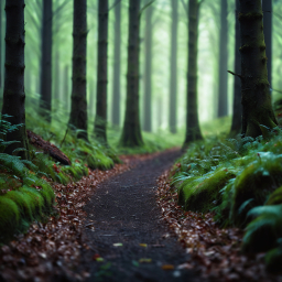Tranquil Forest Path Bathed in Dappled Sunlight