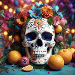Vibrant Sugar Skull Adorned with Flowers and Citrus: A Celebration of Día de los Muertos