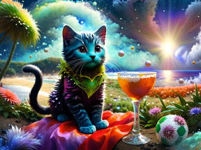Whimsical Cat Enjoying a Frothy Ale in a Dreamlike Fantasy Setting