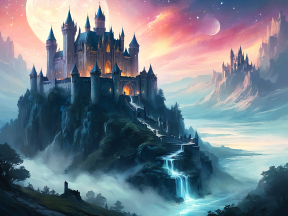 Enchanted Cliffside Castle: A Mystical Fortress Amidst Mist and Moonlight