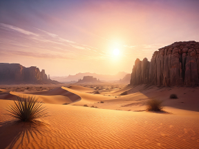 Sunrise Over Serene Desert Dunes and Rock Formations