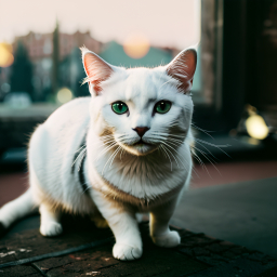 Contemplative Cat with Striking Blue Eyes Perched on Urban Ledge at Dusk