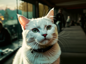 Calm Cat with Light Fur and Dark Eyes Poses Indoors Amid Soft Natural Light