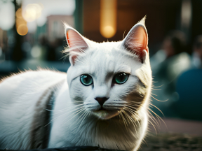 Elegant Blue-Eyed Cat Poses Gracefully in Warm Indoor Setting