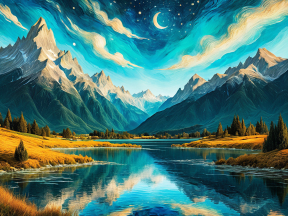 Tranquil Mountain Dawn: A Vibrant Digital Landscape of Snowy Peaks and Moonlit Lake