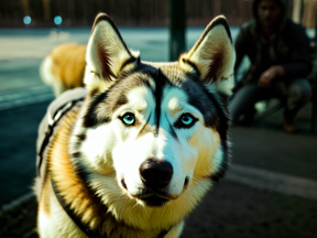 Striking Blue-Eyed Alaskan Malamute in a Bustling Public Setting