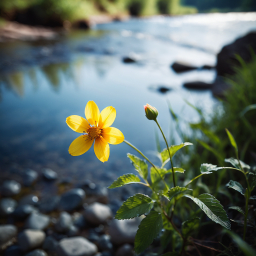 Serene Forest Stream with Vibrant Dandelion in Bloom