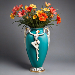 Intricately Designed Blue Glass Vase Featuring a Ballet Dancer Motif and Floral Embellishments