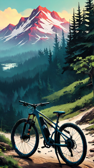 Electric Bicycle Adventure at Sunrise in a Serene Mountain Landscape
