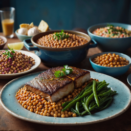 Hearty Plate of Cooked Fish with Garbanzo Beans and Green Beans in a Dining Setting