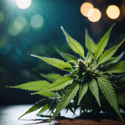 Close-Up of Cannabis Buds and Leaves Under Indoor Lighting with Dew Drops