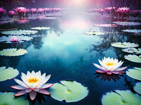 Serene Lotus Pond at Dawn: Pink and White Blossoms on Tranquil Waters