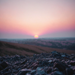 Tranquil Sunrise Over Rolling Hills with Colorful Sky and Rocky Foreground