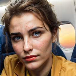 Woman Seated in Economy Class Airplane Cabin During Sunrise or Sunset